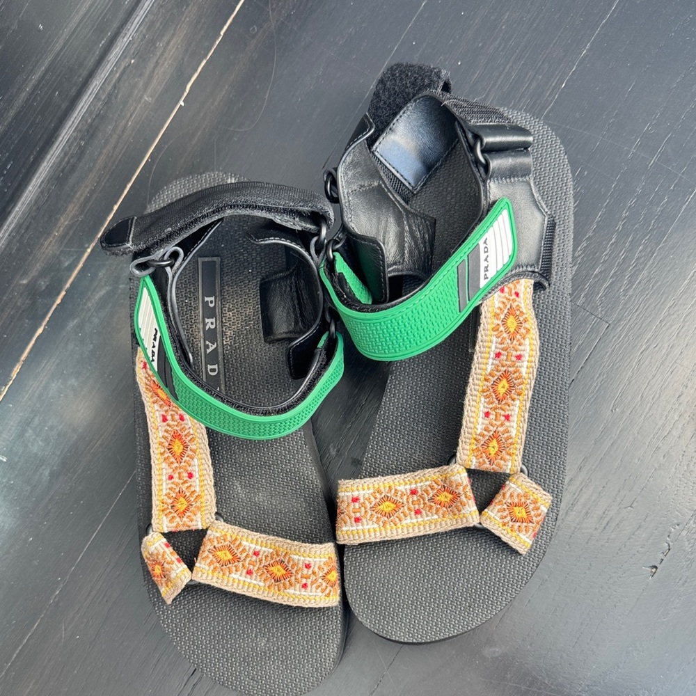 Prada Black and Green Sandals with Geometric Straps